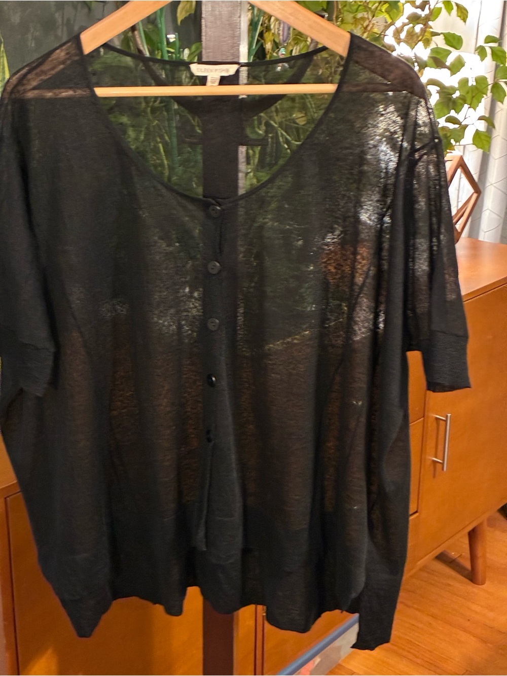 Eileen Fisher Sheer Black Short-Sleeve Button Cardigan